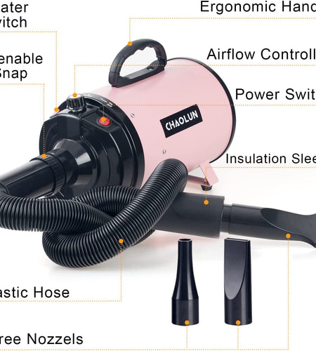 Dog Dryer, Dog Blow Dryer, High Velocity Professional Pet Grooming Dryer, Dog Hair Dryer with Heater, Stepless Adjustable Speed, 3 Different Nozzles and a Comb, Pink