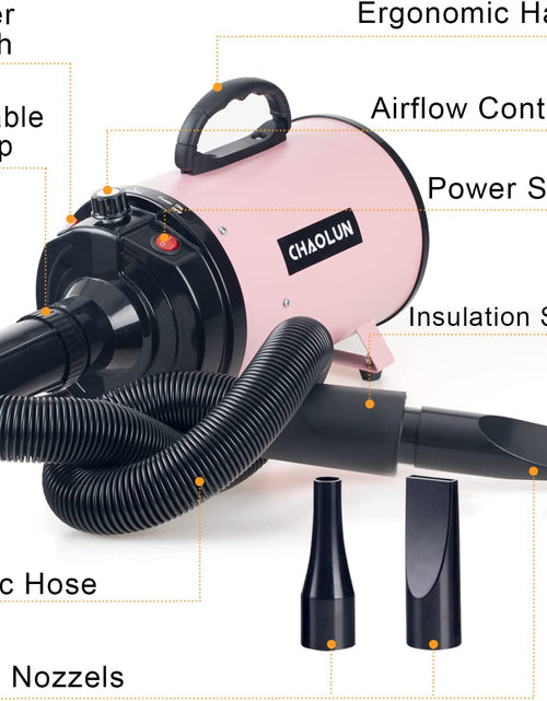 Load image into Gallery viewer, Dog Dryer, Dog Blow Dryer, High Velocity Professional Pet Grooming Dryer, Dog Hair Dryer with Heater, Stepless Adjustable Speed, 3 Different Nozzles and a Comb, Pink
