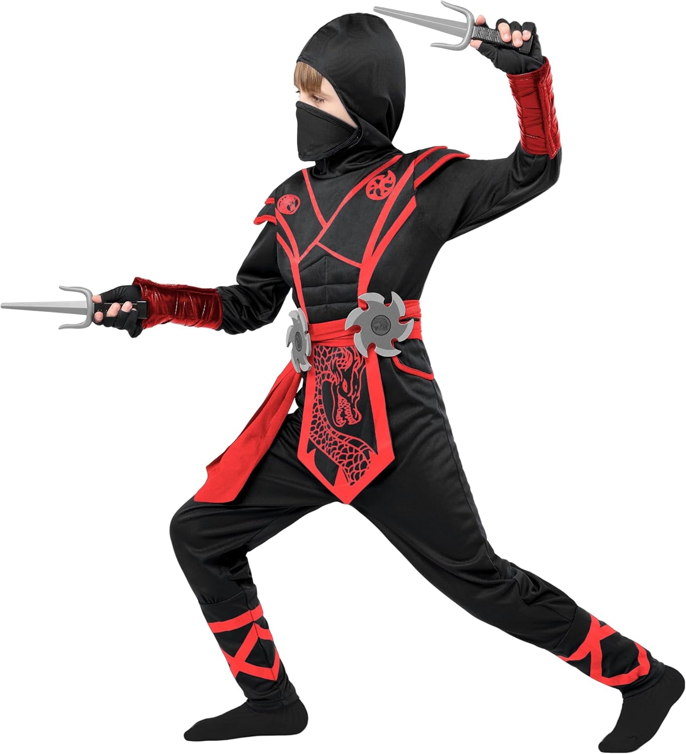 Ninja Dragon Red Costume Outfit Set for Kids Halloween Dress up Party