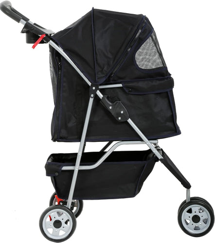 3-Wheel Pet Stroller, Lightweight Foldable Dog Stroller for Small Medium Dogs & Cats, Breathable Mesh & Weather Cover with Storage Basket, for Daily Walk Outdoor Travel (Black)