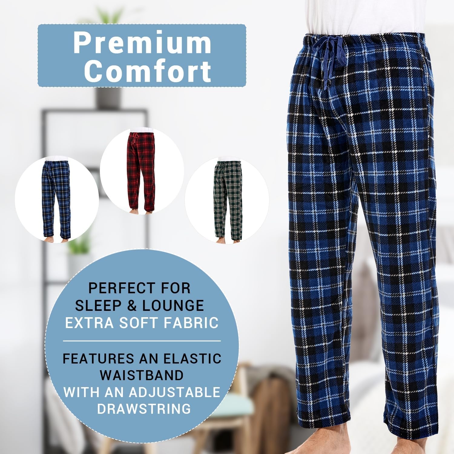 1Pack or 3Pack Mens PJ Pajama Pants Bottoms Fleece Lounge Pants Sleepwear Plaid Pjs with Pockets Microfleece