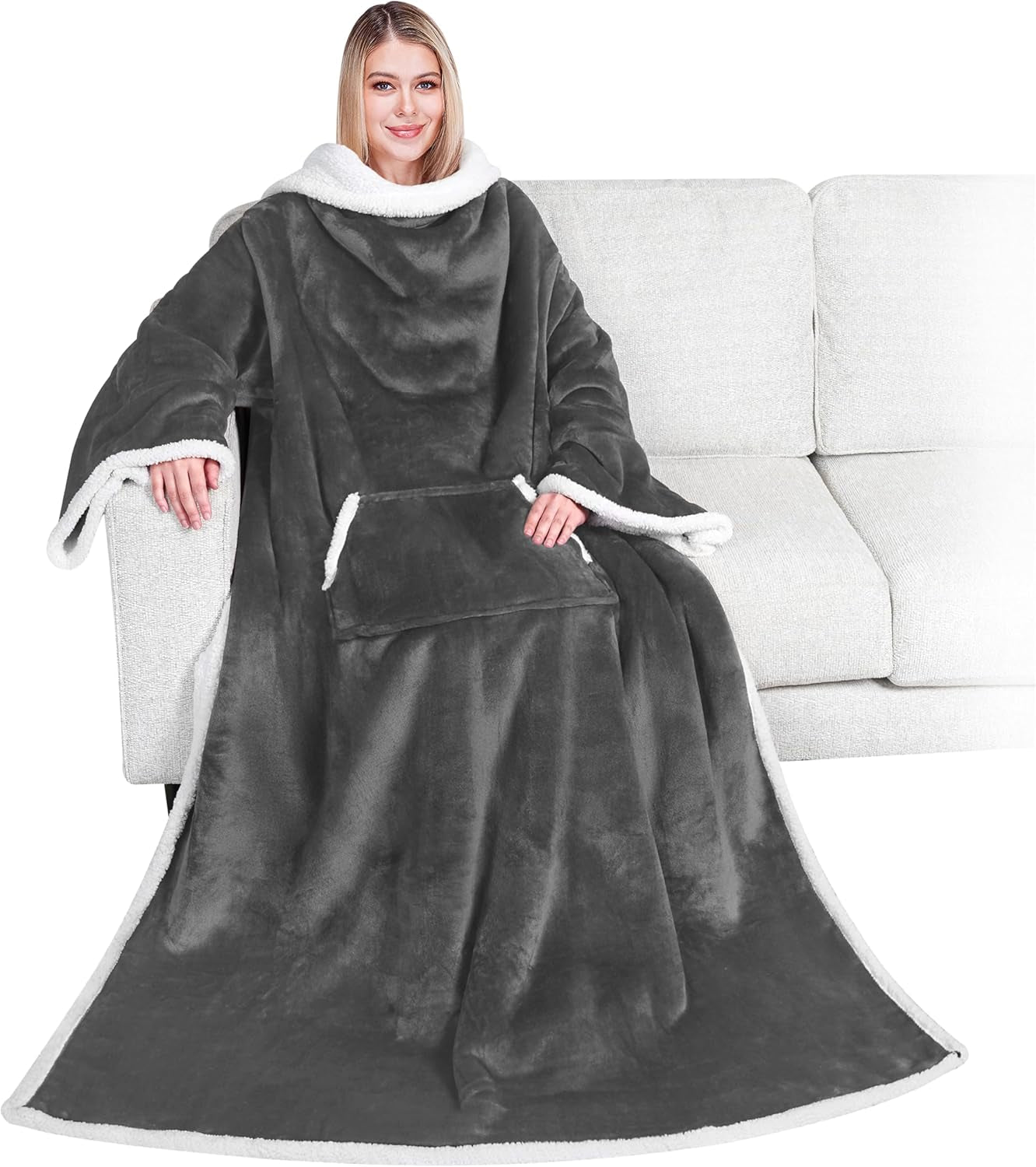 Sherpa Wearable Blanket with Sleeves and Pocket, Plush Thick Cozy Body Blanket Wrap for Adult Women Men, Christmas Gift for Wife Mom, Dark Grey