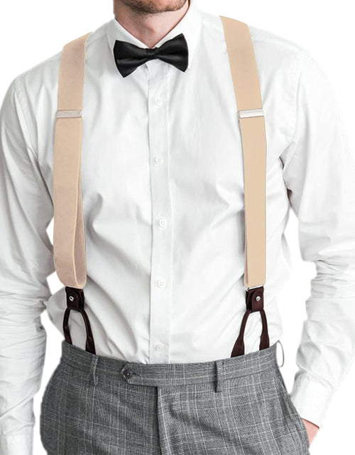 Load image into Gallery viewer, Mens Brown Button End Suspenders - Adjustable Elastic Y Shape Tuxedo Suspender
