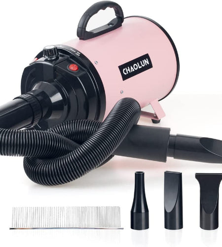 Dog Dryer, Dog Blow Dryer, High Velocity Professional Pet Grooming Dryer, Dog Hair Dryer with Heater, Stepless Adjustable Speed, 3 Different Nozzles and a Comb, Pink