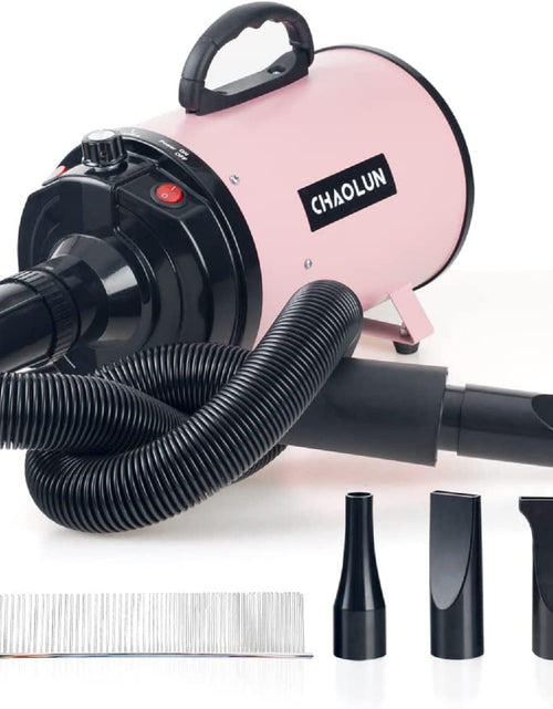 Load image into Gallery viewer, Dog Dryer, Dog Blow Dryer, High Velocity Professional Pet Grooming Dryer, Dog Hair Dryer with Heater, Stepless Adjustable Speed, 3 Different Nozzles and a Comb, Pink

