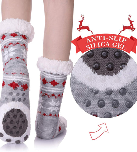 Women'S Winter Super Soft Warm Cozy Fuzzy Snowflake Deer Fleece-Lined with Grippers Slipper Socks