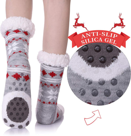 Women'S Winter Super Soft Warm Cozy Fuzzy Snowflake Deer Fleece-Lined with Grippers Slipper Socks