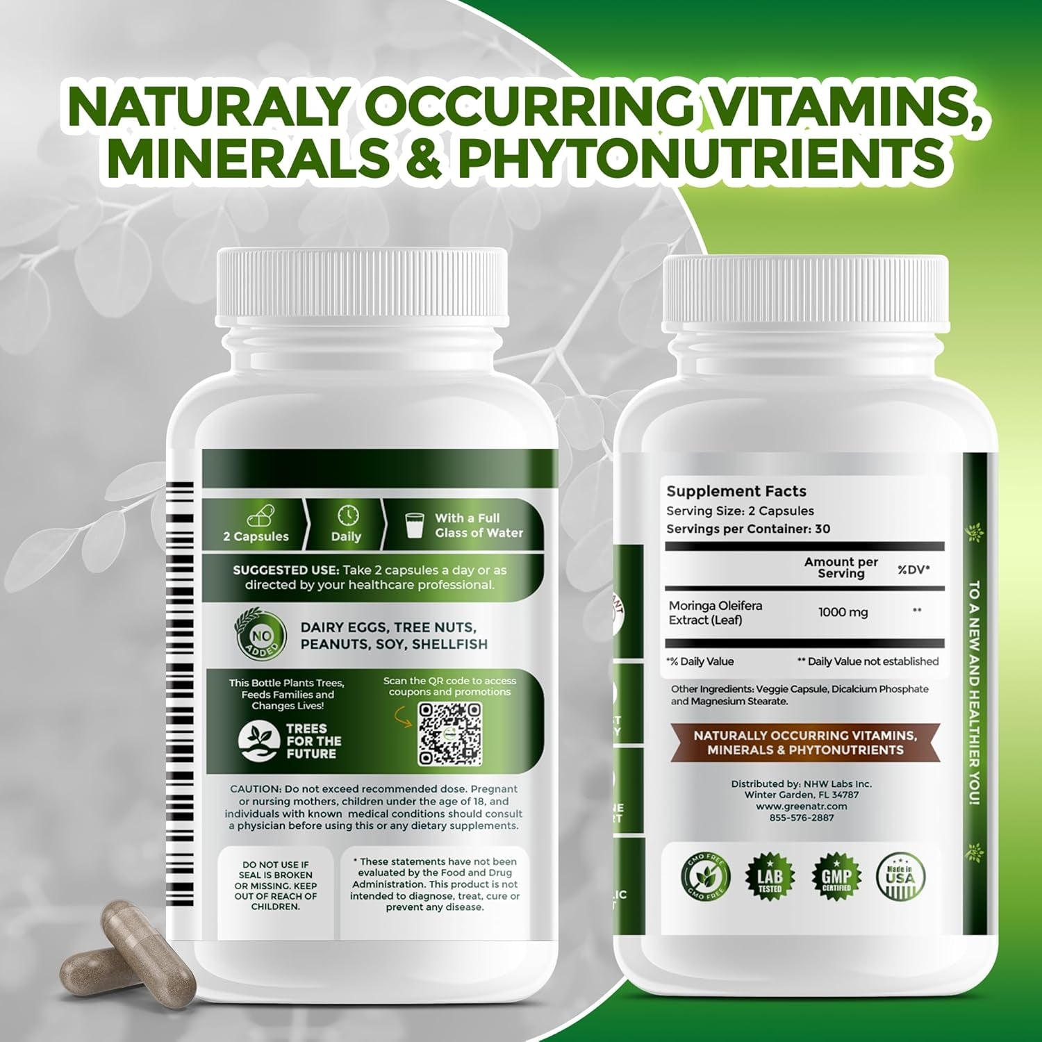 Pure Moringa Oleifera Leaf Extract Capsules, 1000 Mg per Serving. Gluten Free, NON GMO, Vegan Antioxidant Capsules. Natural Energy, Mood, Memory and Focus Enhancer. Premium Green Superfood (Pack of 3)