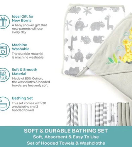 Bath Hooded Towels & Washcloths Set for Babies, 23-Piece Gift Set, Gray Giraffe