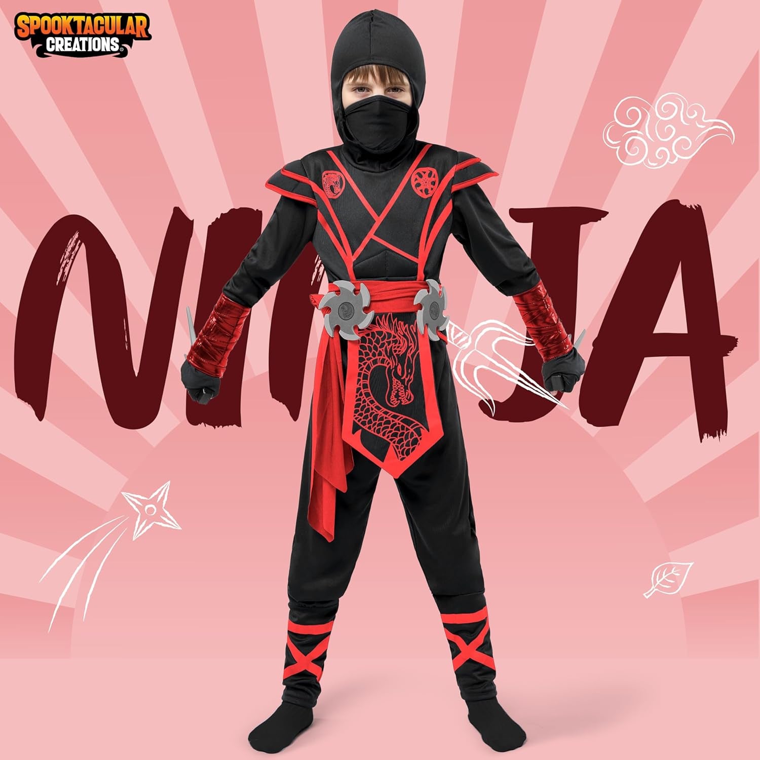 Ninja Dragon Red Costume Outfit Set for Kids Halloween Dress up Party
