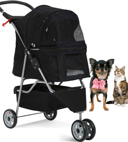 3-Wheel Pet Stroller, Lightweight Foldable Dog Stroller for Small Medium Dogs & Cats, Breathable Mesh & Weather Cover with Storage Basket, for Daily Walk Outdoor Travel (Black)