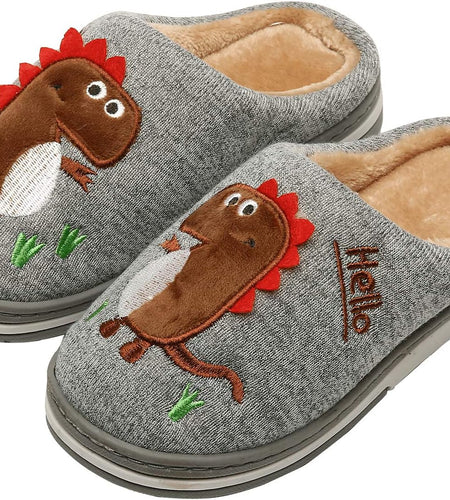 Boys Girls Cozy House Slippers Warm Plush Winter Cotton Slipper Kids Cute Dinosaur Indoor Shoes Non-Slip