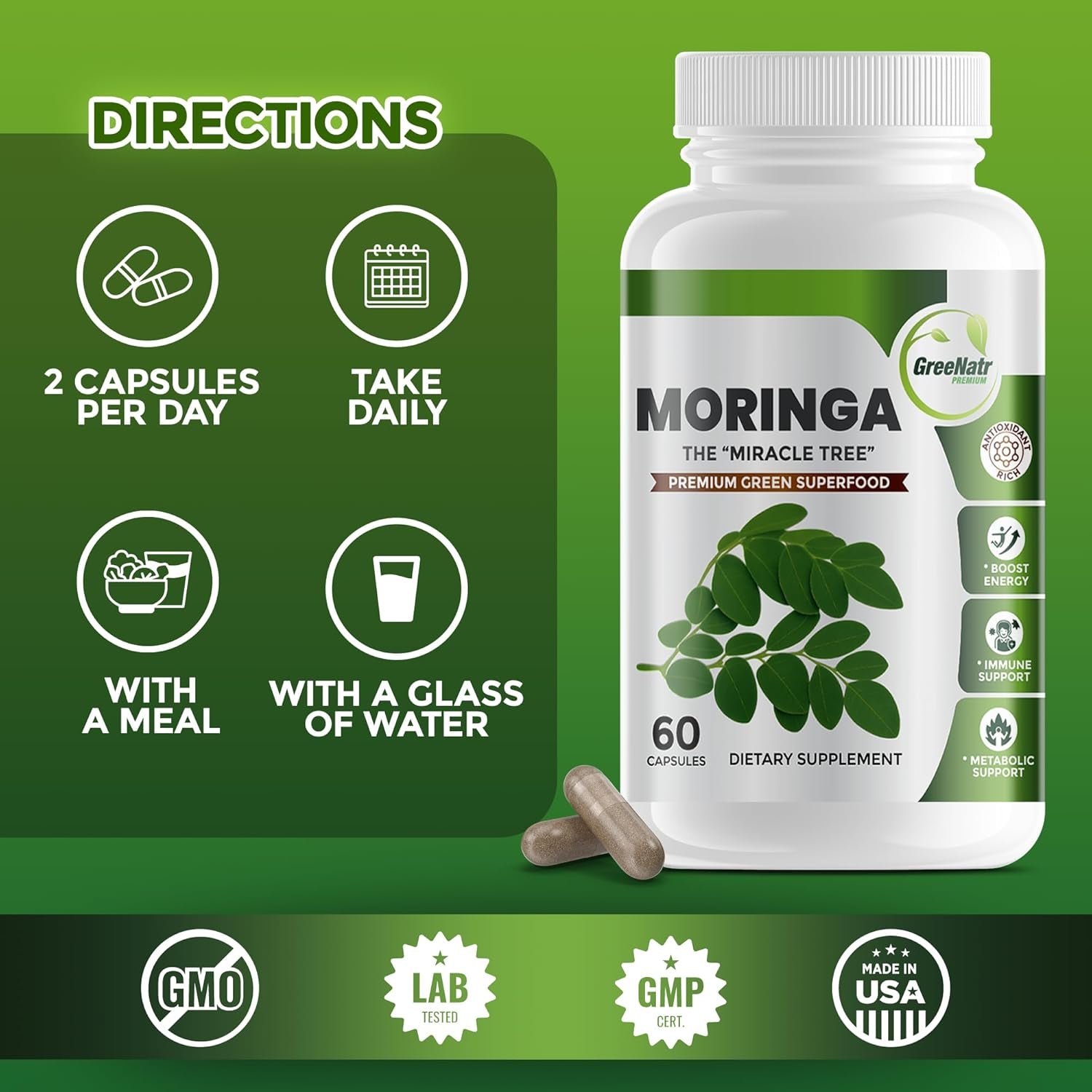 Pure Moringa Oleifera Leaf Extract Capsules, 1000 Mg per Serving. Gluten Free, NON GMO, Vegan Antioxidant Capsules. Natural Energy, Mood, Memory and Focus Enhancer. Premium Green Superfood (Pack of 3)