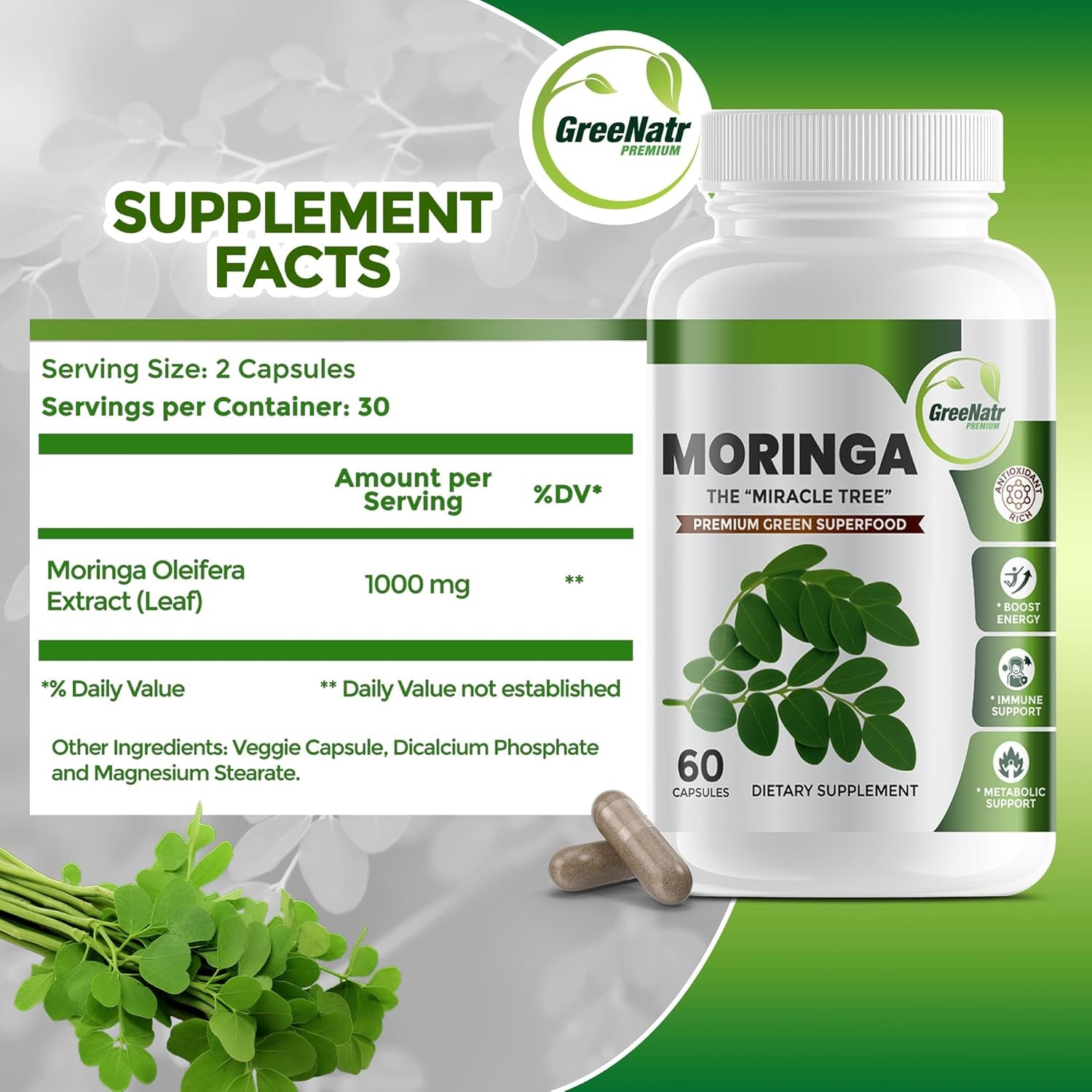 Pure Moringa Oleifera Leaf Extract Capsules, 1000 Mg per Serving. Gluten Free, NON GMO, Vegan Antioxidant Capsules. Natural Energy, Mood, Memory and Focus Enhancer. Premium Green Superfood (Pack of 3)