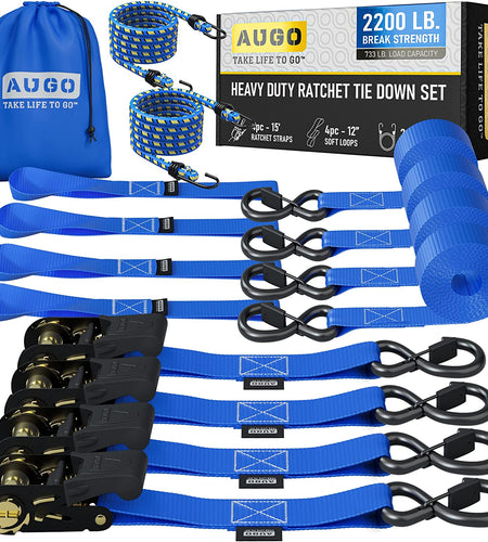 Ratchet Straps Heavy Duty 4 Pack -15 FT - 2200 LB Break Strength – with Safety Lock S Hooks - Cargo Straps for Moving, Appliances, Motorcycle – Soft Loop Tie down Straps