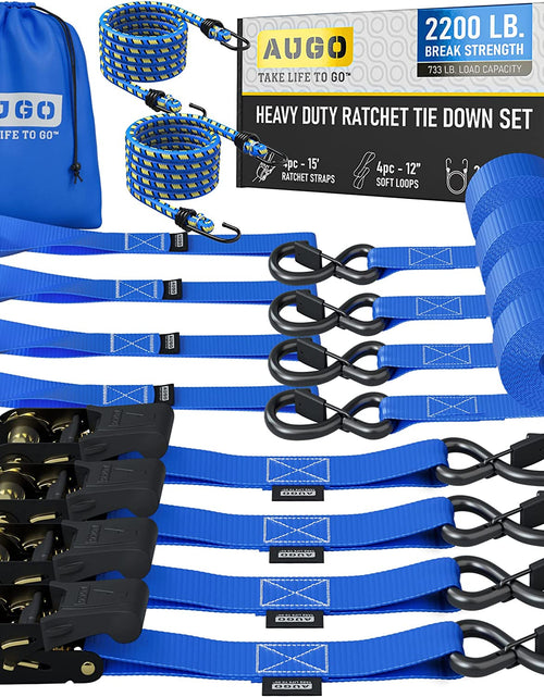 Load image into Gallery viewer, Ratchet Straps Heavy Duty 4 Pack -15 FT - 2200 LB Break Strength – with Safety Lock S Hooks - Cargo Straps for Moving, Appliances, Motorcycle – Soft Loop Tie down Straps
