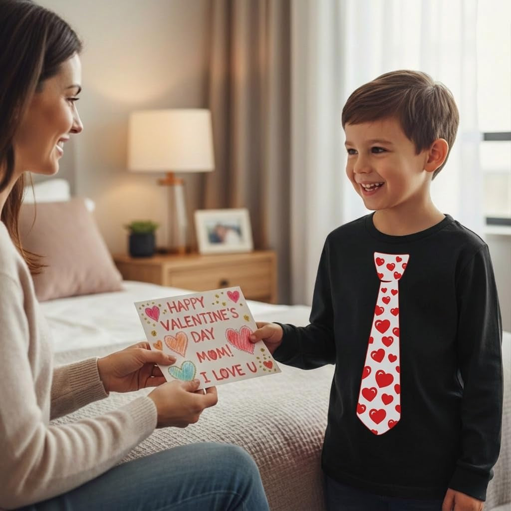 Red Hearts Tie Kids Valentines Day Shirt - ABC I Love You Long Sleeve Tee for Toddlers & Youth Boys Girls