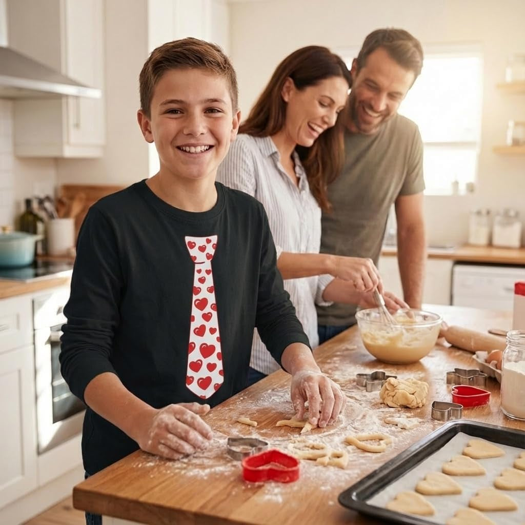 Red Hearts Tie Kids Valentines Day Shirt - ABC I Love You Long Sleeve Tee for Toddlers & Youth Boys Girls