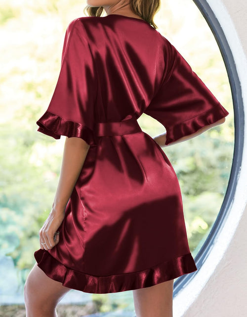 Load image into Gallery viewer, Womens Silk Ruffle Robe Short Satin Kimono Robe Half Sleeve Bathrobe Bridesmaid Wedding Party Dressing Gown
